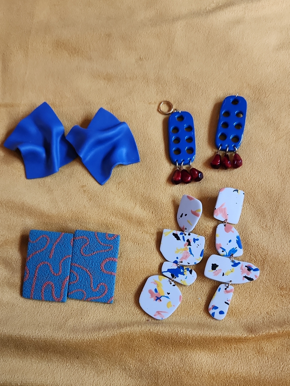 Assorted Clay Statement Earrings Set in Royal Blue, Speckled White & Teal